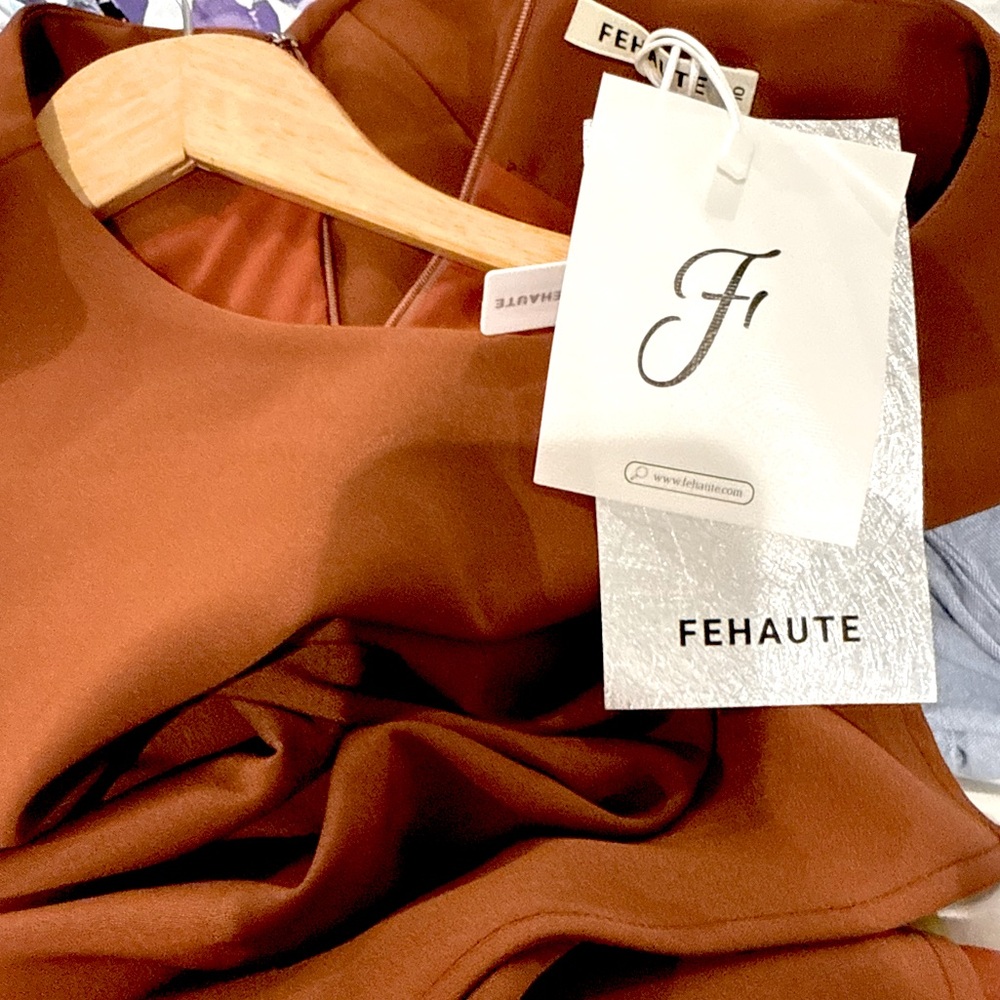 NWT Fehaute Spice Terracotta Brown Asymmetrical Sleeveless Flounce Midi Dress 10 - Picture 8 of 13